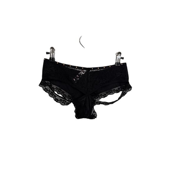 Victoria's Secret Cheeky Panty Womens Medium Black Very Sexy Lace Gold Stud NWT - Picture 2 of 5
